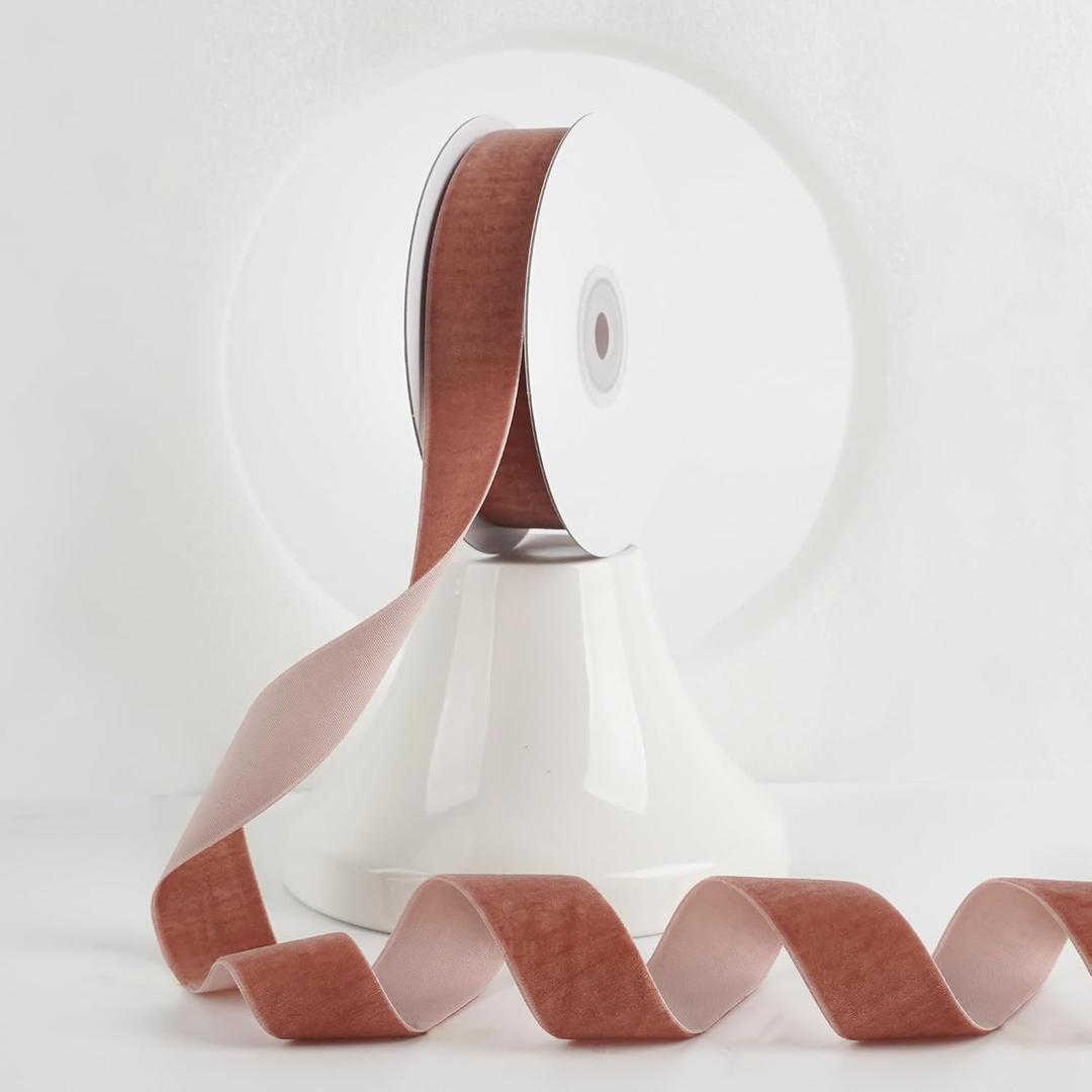 MEEDEE Rose Gold Velvet Ribbon 1 Inch Single Face Nylon Velvet Ribbon 2 Rolls 20 Yards Pink Christmas Ribbons for Christmas Tree, Gift Wrappig, Rustic Wreath, Velvet Bow Making, Home Decor