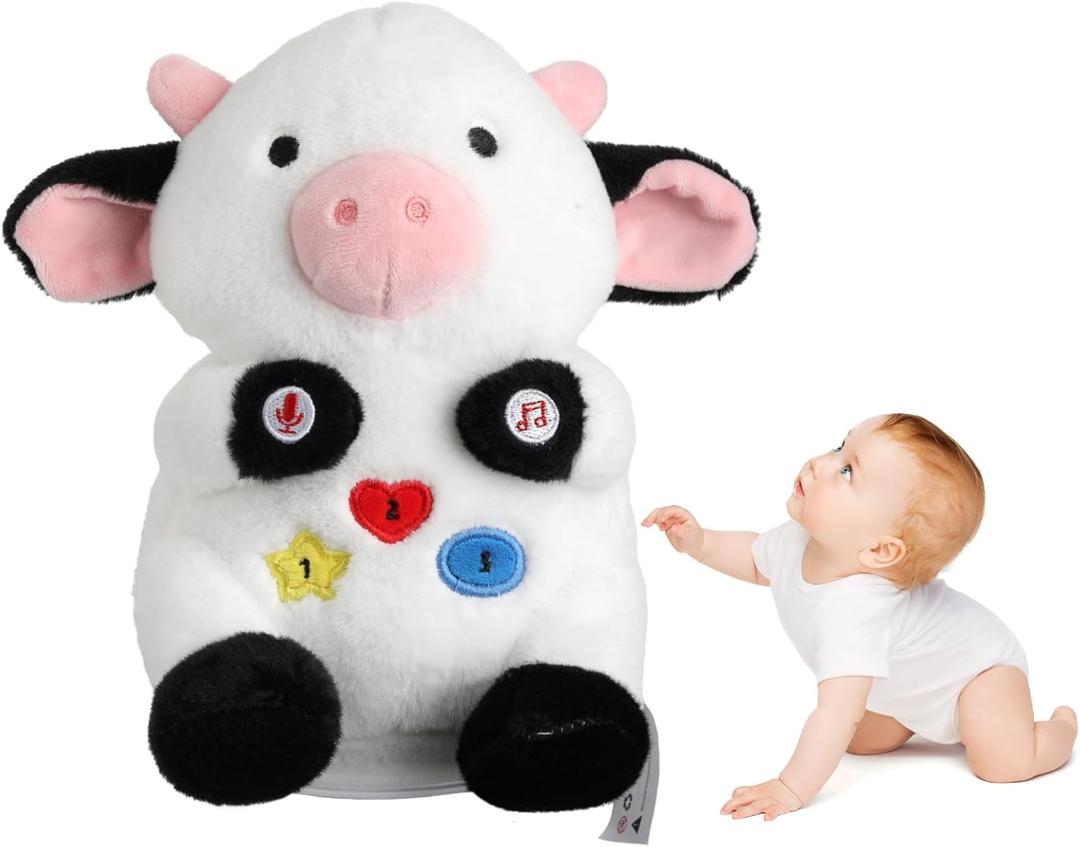 Interactive Cow Stuffed Animal Baby Toy, Singing Talking & Sliding Soft Sensory Educational Cow for Kids Ages 1-3, Sensory Tummy time Toy for Toddlers Easter Christmas Boy Girl Gift