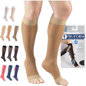 Truform Sheer Compression Stockings, 15-20 mmHg, Women's Knee High Length, Open Toe, 20 Denier, Beige, Small