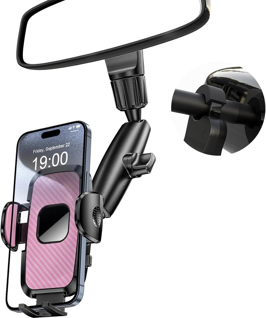 Rear View Mirror Phone Holder, 360 Rotating Car Phone Holder Mount Compatible with All 4-7 Inch iPhone and Android Cell Phones (Pink)