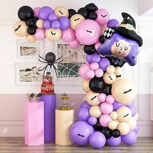 HOUSE OF PARTY Halloween Balloon Arch Kit 86 Pcs - Purple Pink 18/12/10/5 Inch Balloon Garland Kit with 30" Witch Foil Balloon, PVC Bats for Halloween Party Decorations, Pack of 3