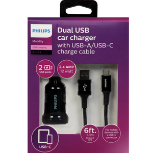 Phillips Dual USB Car Charger With USB A/USB C Charge Cable