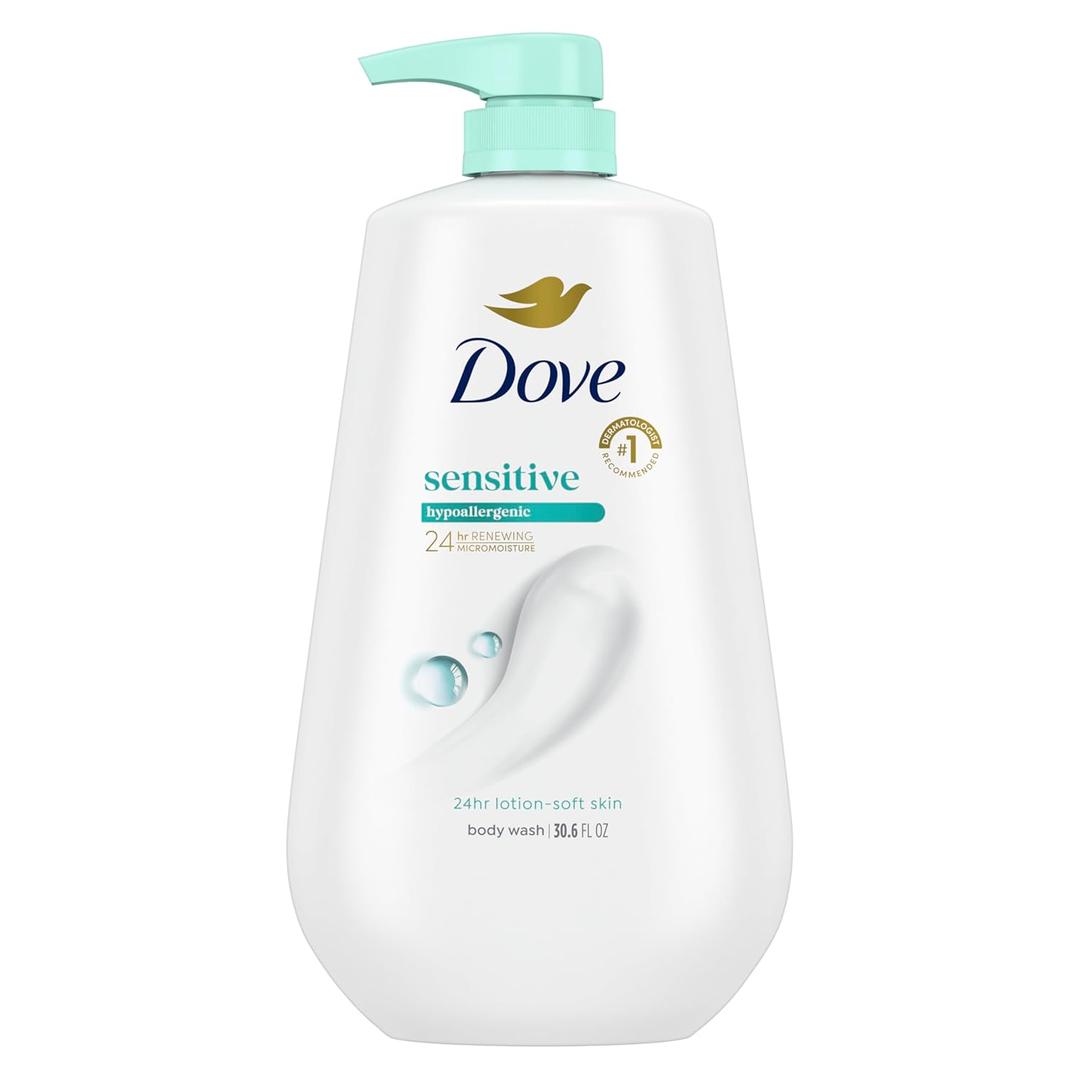 Dove Sensitive Skin Body Wash, 24hr Lotion-Soft Skin, 30.6 oz Dove Sensitive Skin Body Wash soothes dry, sensitive skin with 24-hour hydration and a hypoallergenic formula