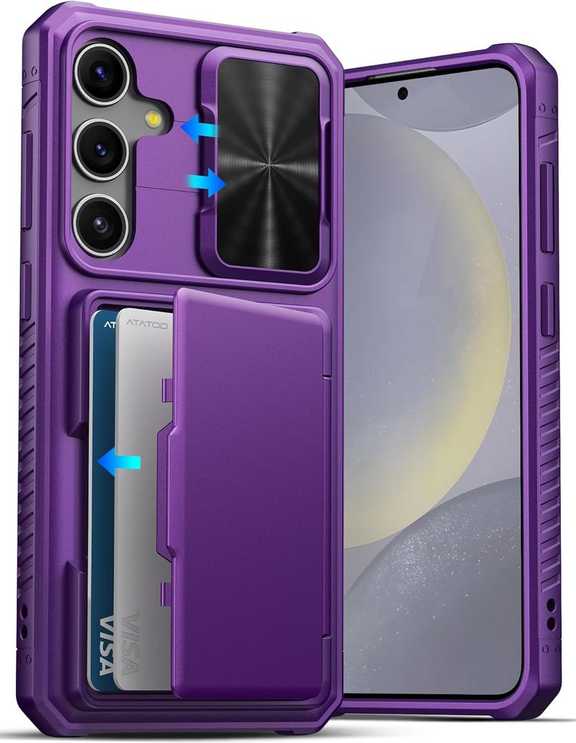 ATATOO for Samsung Galaxy S24+ Plus Case Wallet, Built-in Card Holder(Store 4-5 Cards) & Slide Camera Cover, Military Grade Protection, Rugged Silicone Case for Galaxy S24+ Plus 6.7", Dark Purple