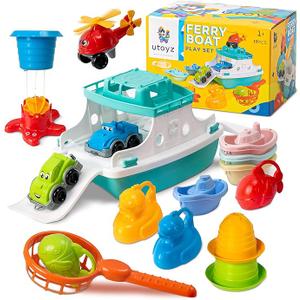 Boat Kids Bath Toy Set – 17 Pcs Toddler Pool Toys with Stacking Cups, Toy Ferry Boat, Train, 2 Cars & A Helicopter Addition for Fun Water Play, Toddler Bath Toys for 1 Year Old & Up
