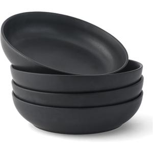 JoyJolt Mesa 40 Oz Stoneware Serving Bowls, Pasta Bowls Set of 4, Large Salad Pho Soup Bowls for Kitchen, Dishwasher and Microwave Safe Plate Bowls, Aesthetic Kitchen Essentials - Matte Black