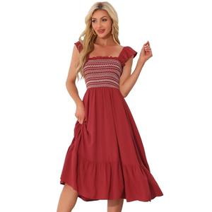 Allegra K Boho Midi Dress for Women's Square Neck Ruffle Tiered Flowy Smocked Sundress Small Burgundy Size S