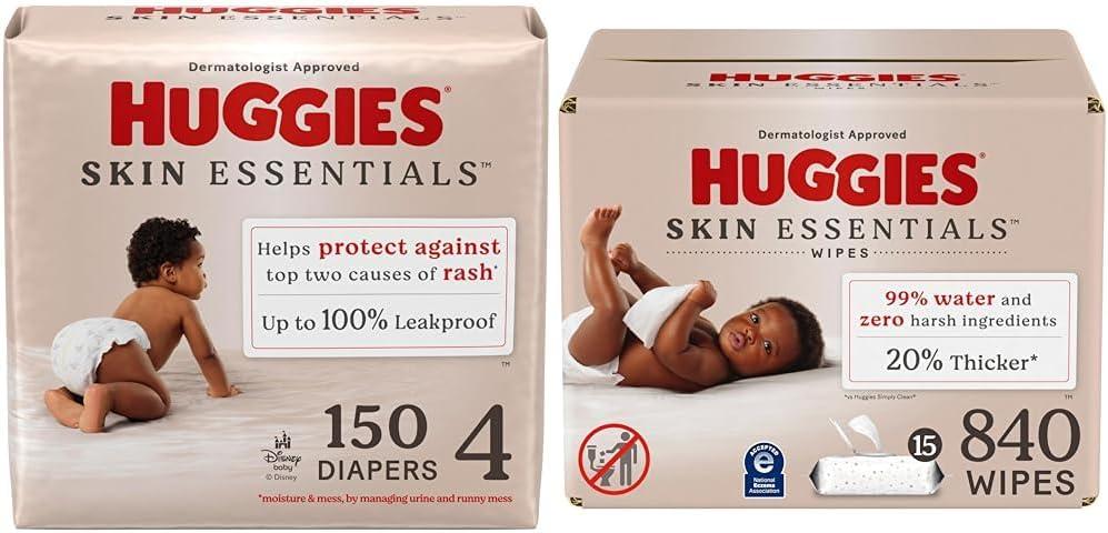 Huggies Skin Essentials Bundle: Huggies Skin Essentials Baby Diapers, Size 4 (22-37 lbs), 150 Count & Baby Wipes, 15 Flip-Top Packs, 840 Count (15 Packs of 56)