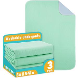 Washable Underpads, 36" x 54", 3 Pack - Heavy Absorbency Reusable Bedwetting Incontinence Pads for Kids, Adults, Elderly, and Pets - Waterproof Protective Pad for Bed, Couch, Sofa, Floor (Green)