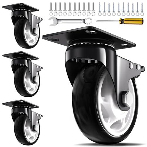 Caster Wheels, 4 Inch Heavy Duty Casters, 2400lbs Capacity (Set of 4) - Industrial Swivel Wheels with Dual-Locking Brakes, Silent & Non-Marking for Workbenches, Carts, Furniture