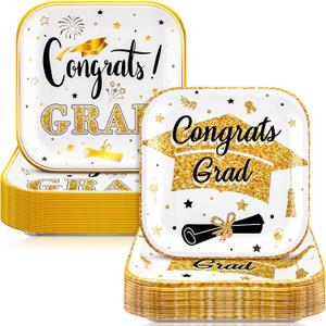 100 Pcs 2025 Graduation Party Plates 7 x 7 in Congrats Grad Paper Plates Class of 2025 Disposable Square Dessert Decorative for Graduation Cocktail Party Supplies Photo Props(White, Gold)