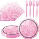 2 x Valentines Day Party Decorations 7inch Paper Plates and Napkins Forks Disposable Set Serves 20 - Pink Hearted Galentines Day Party Supplies for Afternoon Tea,Gatherings,Weddings Cake Dessert(60 Pcs)