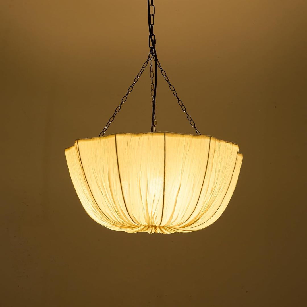 19.6in Lantern Fabric Pendant Light, Wabi Sabi Hanging Lamp with Fabric Cloth Shade, Modern Drum Chandelier for Living Room, Bedroom, Dining Table, Restaurant, Study Room (E26 Bulb)