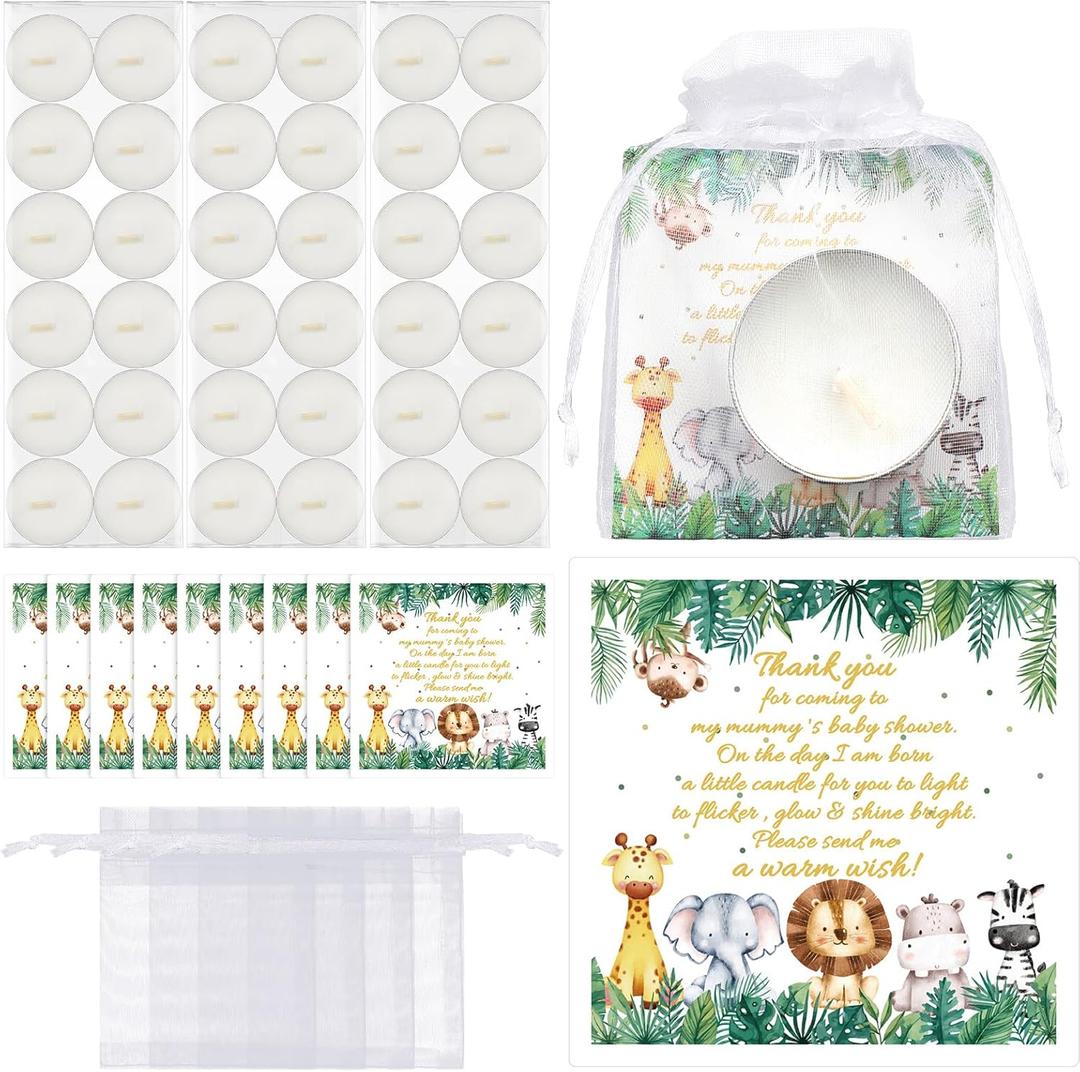 MTLEE 60 Sets Baby Shower Party Favors for Guests Baby Shower Gifts Tea Lights Candles with Thank Tags and Return Gift Bags for Boys Girls Birthday Gender Reveal Party Supplies(White,Animal)