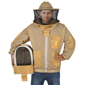 3 Layer Beekeeping Ultralight Ventilated Jacket with Two Veils. Fully Protective Metal Zipper Jacket with Round Veil and Fencing Veil. (Khaki, XL)