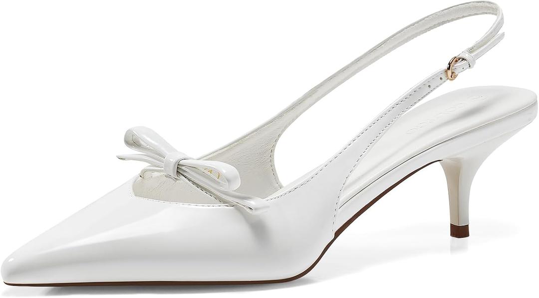 Coutgo Womens Bow Slingback Heels Low Kitten Heel Pumps Closed Pointed Toe Party Wedding Dress Shoes (7, White)