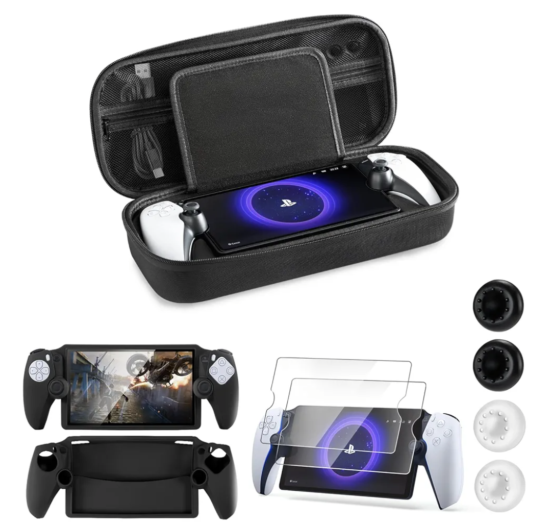 CoBak Hard Carrying Shell Case for PlayStation Portal Remote Player - with 2 Screen Protector, 1 Grip Case, 4 Thumb Grip Caps, Hard Outer Cover for PS5 Portal, Black