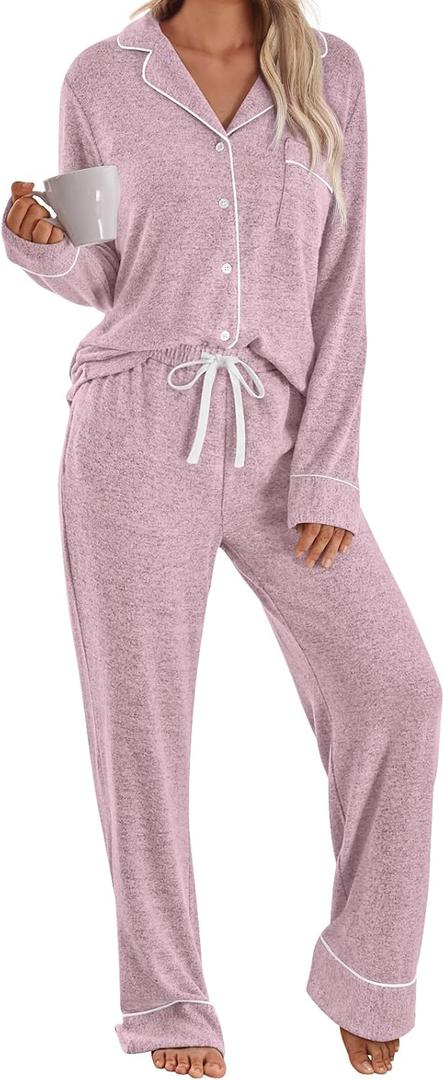 LILLUSORY Women's Long Sleeve Pajama Set - Soft Button-Down Top & Comfortable Drawstring Pants with Pockets (Medium, Coral)