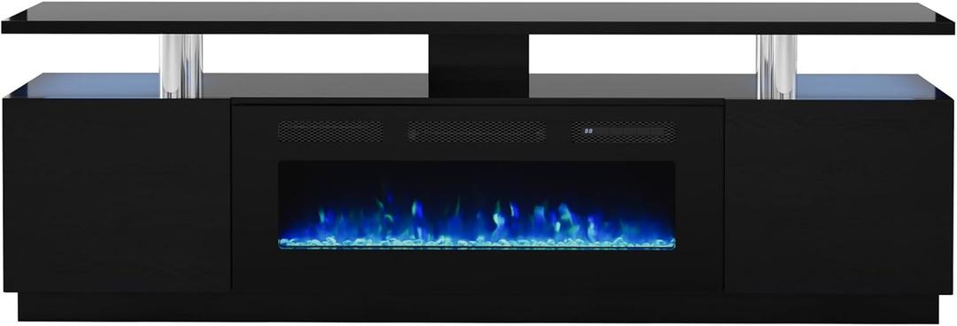 Garvee 70 in Fireplace TV Stand with 36 in Electric Fireplace, LED Lights, High Gloss Entertainment Center for TVs Up to 80 in, Highlight 2 Tier Storage Cabinet, White