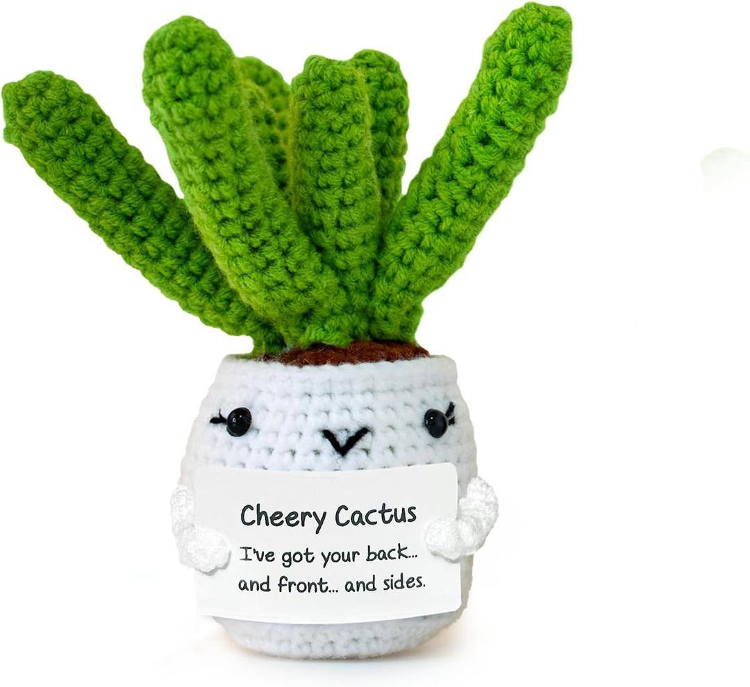 AltrEgo Handmade Crochet Emotional Support Cheery Cactus, Amigurumi Doll with Positive Card, White
