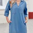 Wenrine Womens Denim Shirt Dress Summer Casual V Neck Short Sleeve Loose Jean Mini Dress (L)