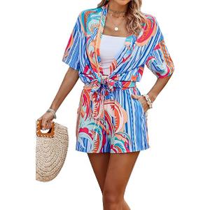 MakeMeChic Women's Boho 2 Piece Outfits Tropical Open Front Kimono Blouse and Shorts Set Multicolor C Small
