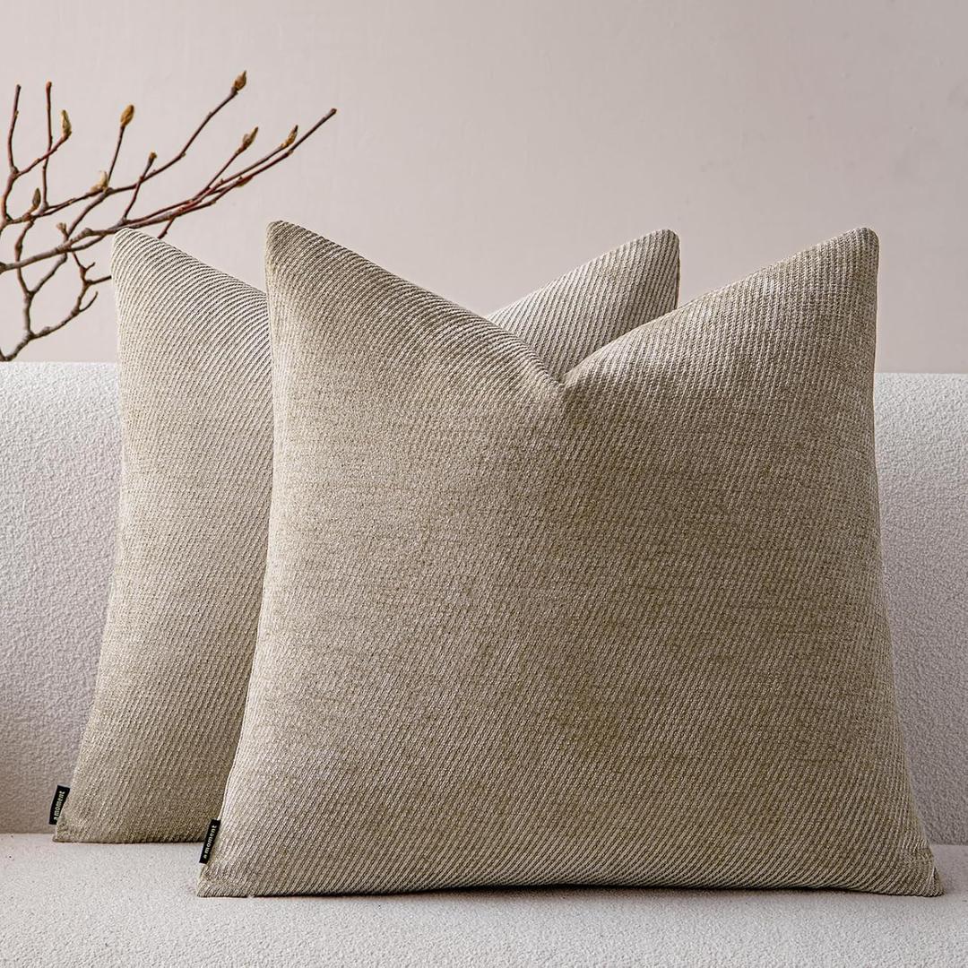 a moment Pack of 2 Decorative Chenille Throw Pillow Covers with Twill Cushion Covers for Sofa Living Room Couch Bed 18x18 Inch Light Brown