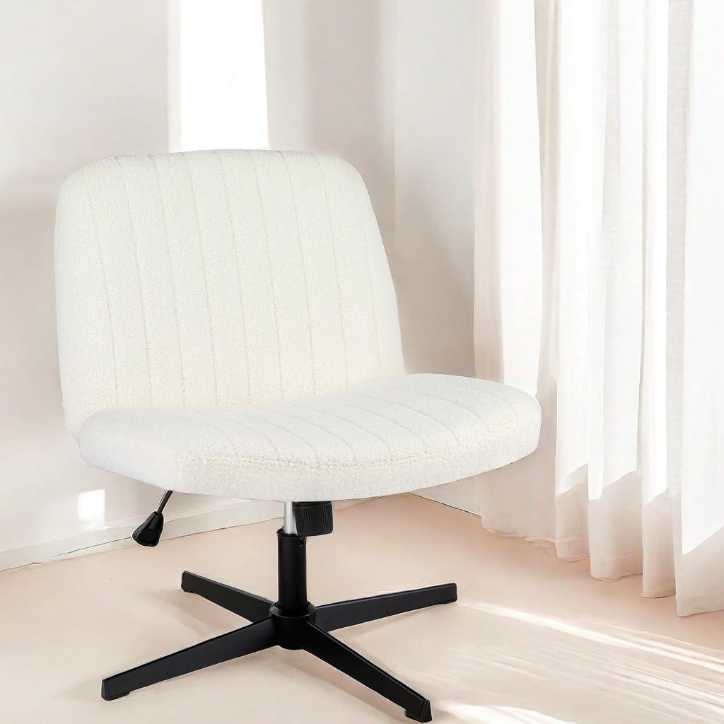Armless Criss Cross Chair with No Wheels, Adjustable Height Office Desk Chair, Wide Comfy Vanity Chair with Back for Home Office Bedroom, Beige Plush