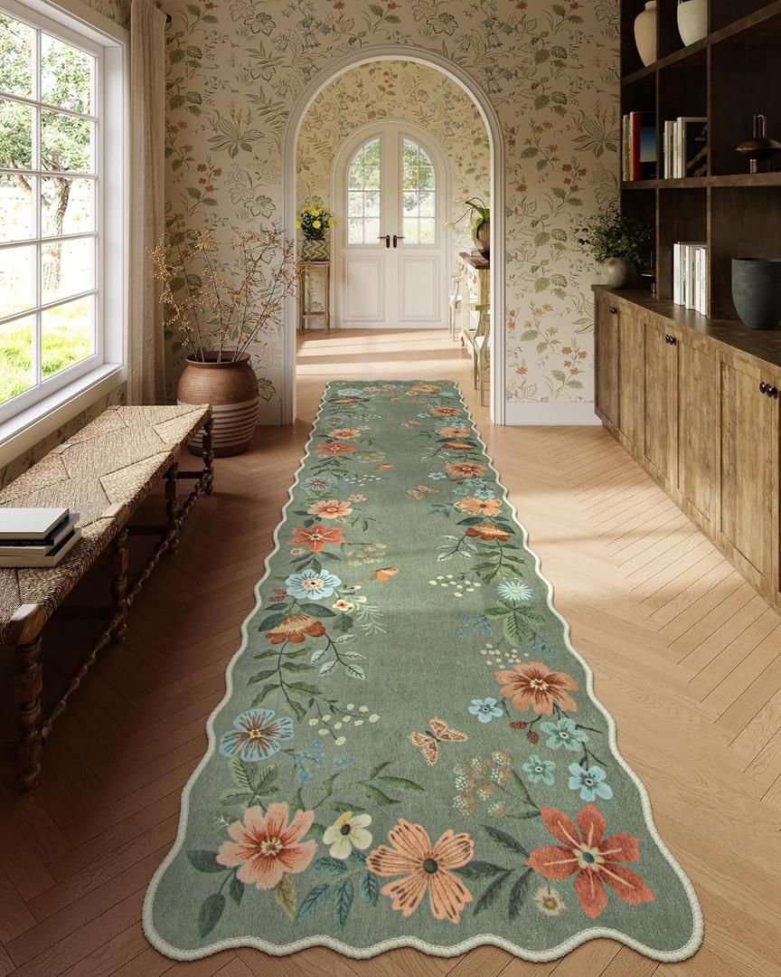 Floral Machine Washable Runner Rug, Ultra-Thin 2.6x10 Green Hallway Runner Rug Non Slip for Bedroom Bathroom, Non-Shedding Soft Carpet Runners for Entrance Laundry Room (2'6"x10', Green)