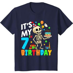 Kids It's My 7th Birthday Party Halloween Skeleton Birthday T-Shirt Navy Blue Small