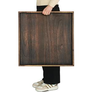 Gurfuy Extra Large Square Ottoman Table Tray Square-24 - Rustic Wooden Serving Tray for Farmhouse Decorative Oversized Coffee Table Trays Living Room Kitchen Counter Breakfast Brown