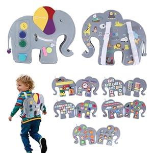 Heypappy Busy Board, 12 in 1 Educational Busy Book Learning Sensory Toys for Toddlers with Fine Motor Skills, Busy Book Toys with Backpack Strap, Elephant Shape