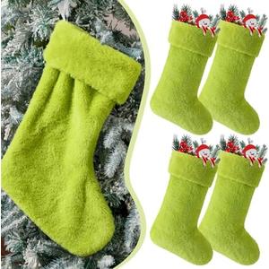 JOVITEC 4 Pieces 20 Inch Green Christmas Stockings Faux Fur Snowy Christmas Stockings Xmas Fireplace Hanging Stocking Candy Gift Bags for Holiday Decorations