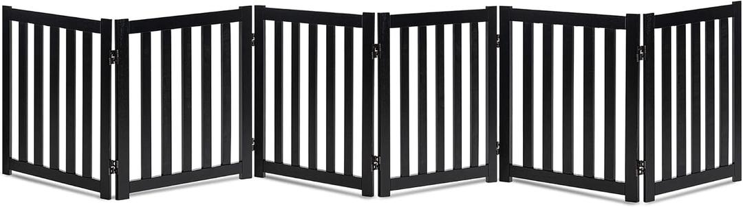 LZRS 6-Panel Extra-Wide Freestanding Wooden Dog Gate Indoor 24High Foldable Safety Pet Barrier for Doorways, Hallways, Kitchens, and Long Staircases, Durable Design fit Small to Medium Dogs, Black