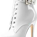Aachcol Womens Stiletto High Heel Platform Ankle Boots Round Toe Lace-up Zipper Mid Calf Buckle Patent Leather Dress Booties (6, White)