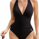 Popilush One Piece Swimsuit Women Tummy Cnotrol Halter V Neck Shapewear Swimsuits Bathing Suit Slimming Swimwear (Large, Black)