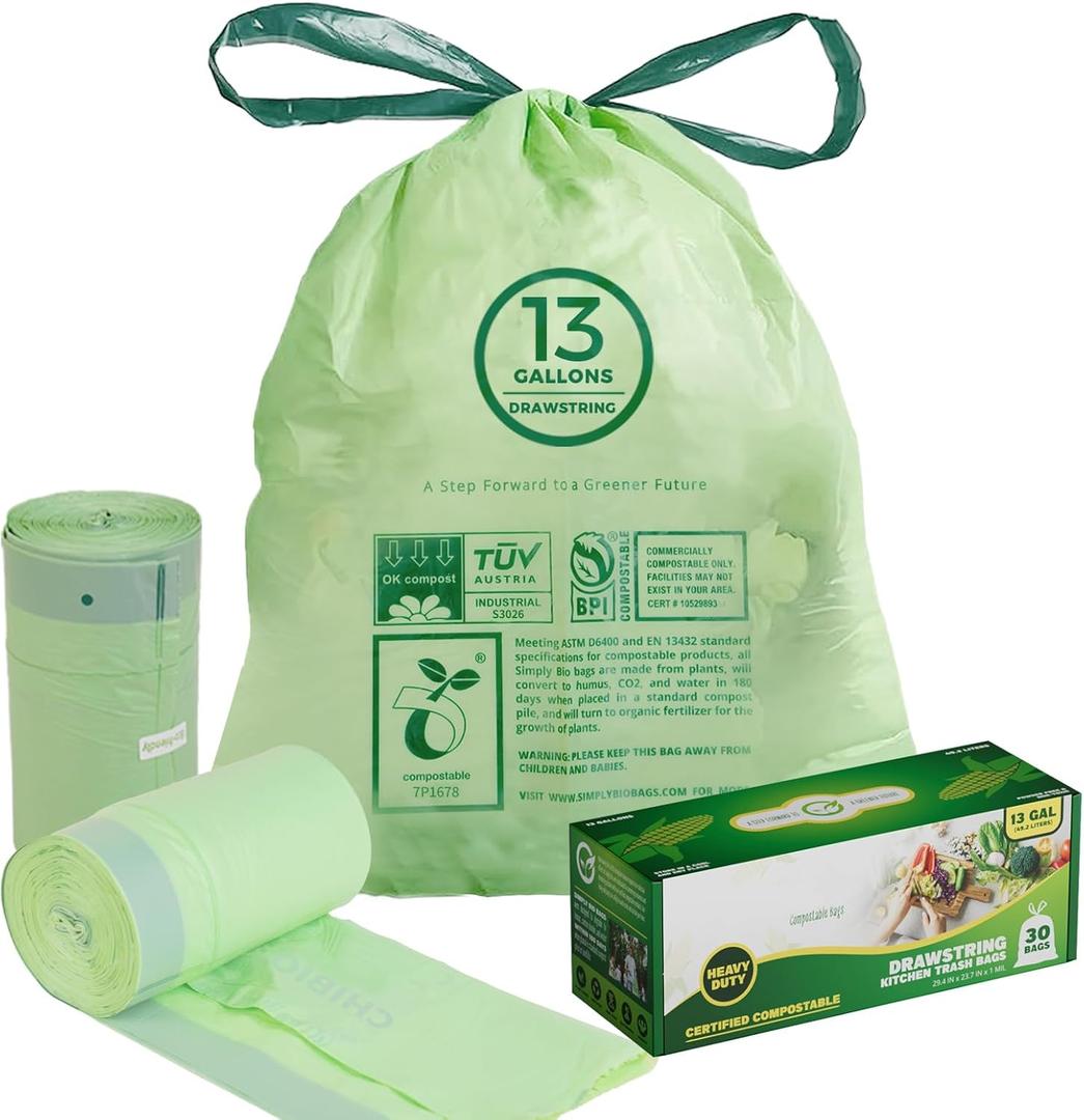 13 Gallon Compostable Trash Bags with Drawstring, Heavy Duty Extra Thick 1 Mil, 49.21 Liter, 30 Bags, Tall Kitchen Food Scrap Waste Bag, ASTM D6400, US BPI and OK Compost Home Certified