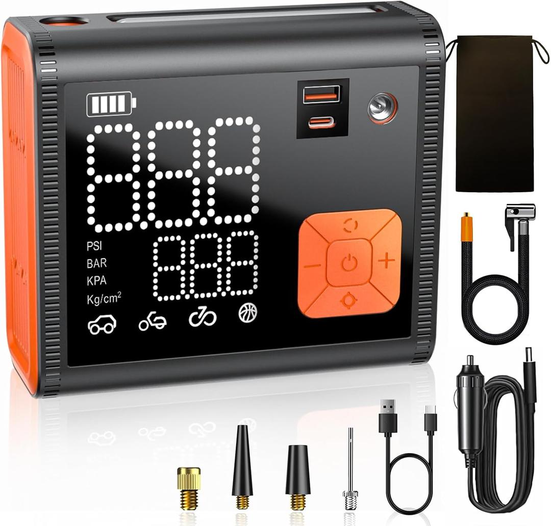 ZUZEE Tire Inflator Portable Air Compressor, 150 PSI Dual Cylinder 3X Faster Portable tire inflator, 28000mAh Dual Power Mode Portable Air Pump for Car Tires, Motorcycle Tires, Bikes Tires, Balls, etc (Orange)