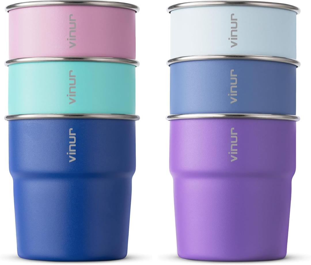 VINUR Kids Stainless Steel Cups-8 oz Stackable Tumbler Metal Drinking Glasses for Travel, Camping, Outdoors, 6 Pack