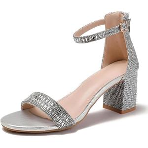 Lucky Bird Women's Block Chunky Heel Sandals with Rhinestones & Ankle Straps Open Toe Dressy Sparkly Dress Pump High Heels Sandals for Weddings, Prom and Party, Size 38