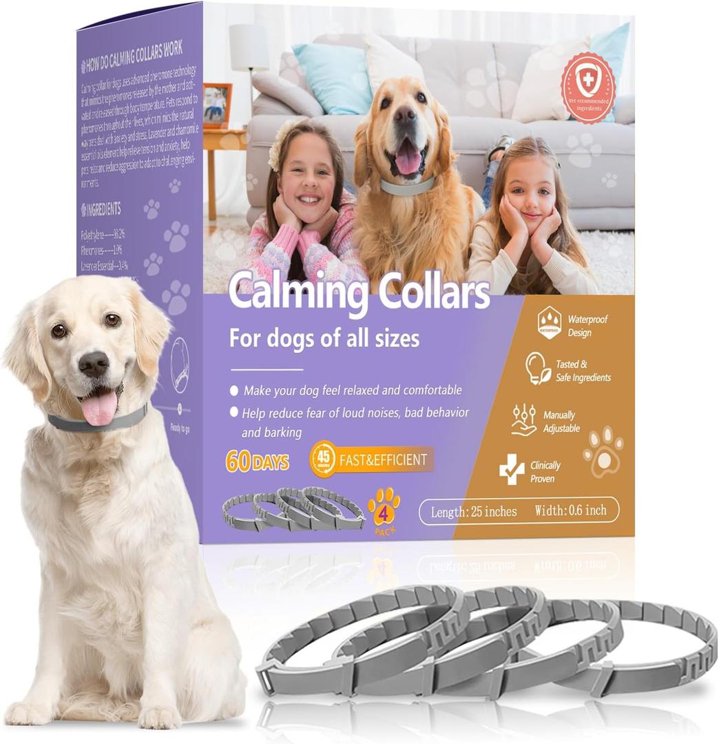 4 Packs Calming Collar for Dogs with Natural Pheromone | Dog Calming Collar Helps Reduce Unwanted Behavior | Stress Relief for Puppy & Adult Dogs, Waterproof Calm & Relaxation Lasts 60 Days