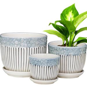 Hlukana Ceramic Plant Pots Set of 3, 6.75/5.6/4.2 inch Planters with Drainage Holes and Saucer, Flower Pot Outdoor Indoor, Modern Decorative Planters for House Plants Garden Planters Succulent Pots (Blue)