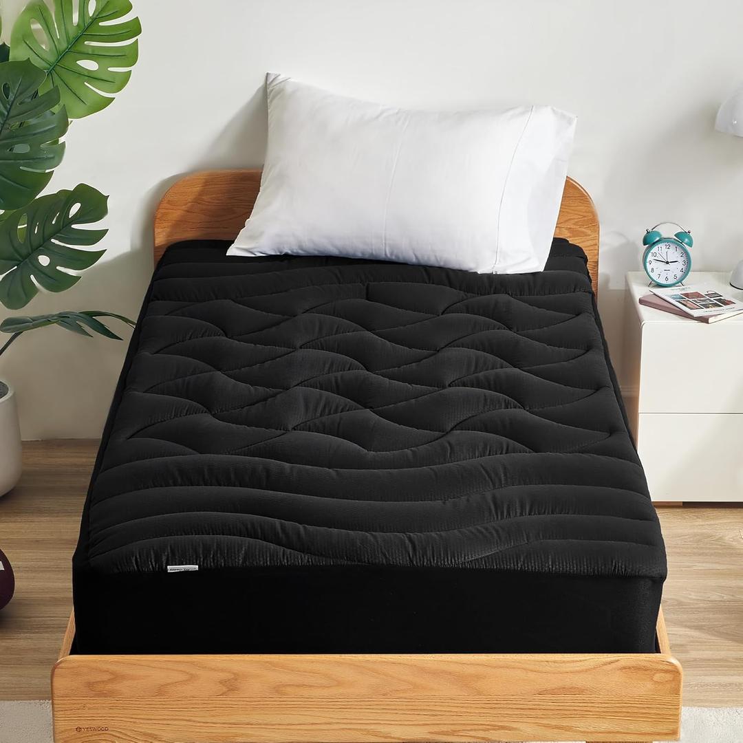 SLEEP ZONE Twin XL Cooling Mattress Topper for College Dorm, Premium Zoned Cool Mattress Pad Cover, Padded Mattress Protector Breathable Washable, Deep Pocket 8-21" (Black, Twin XL)