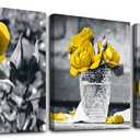 Canvas Wall Art - Bedroom, Kitchen, Living Room, Girls Room Decor - Black And White Wall Pictures - Yellow Rose Flowers - 3 Piece Set
