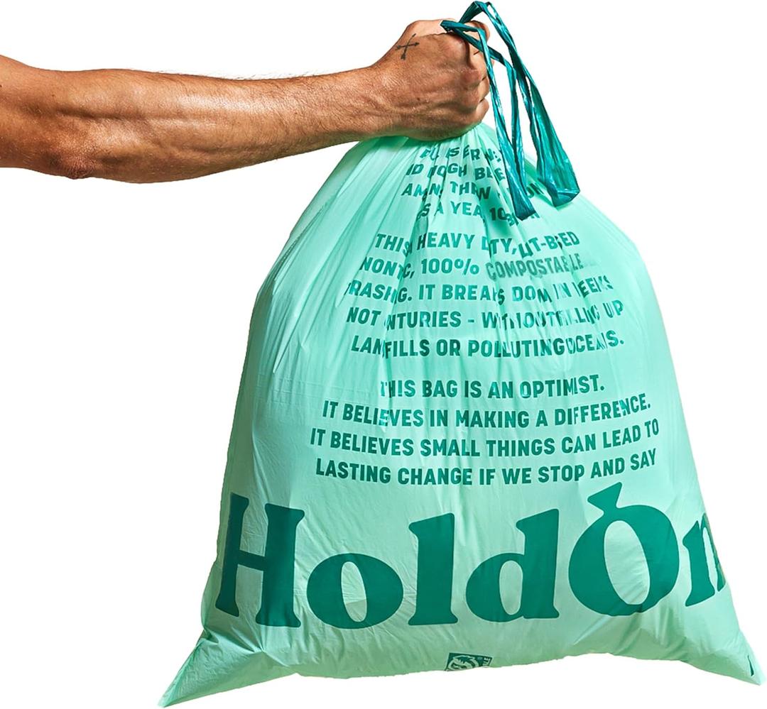 HoldOn 13-Gallon Trash Bags Plant-based Tall Kitchen Trash Bags with Drawstring Handles for Tall Trash Bins, Heavy-duty and Compostable Large Trash Bags (40 bags)