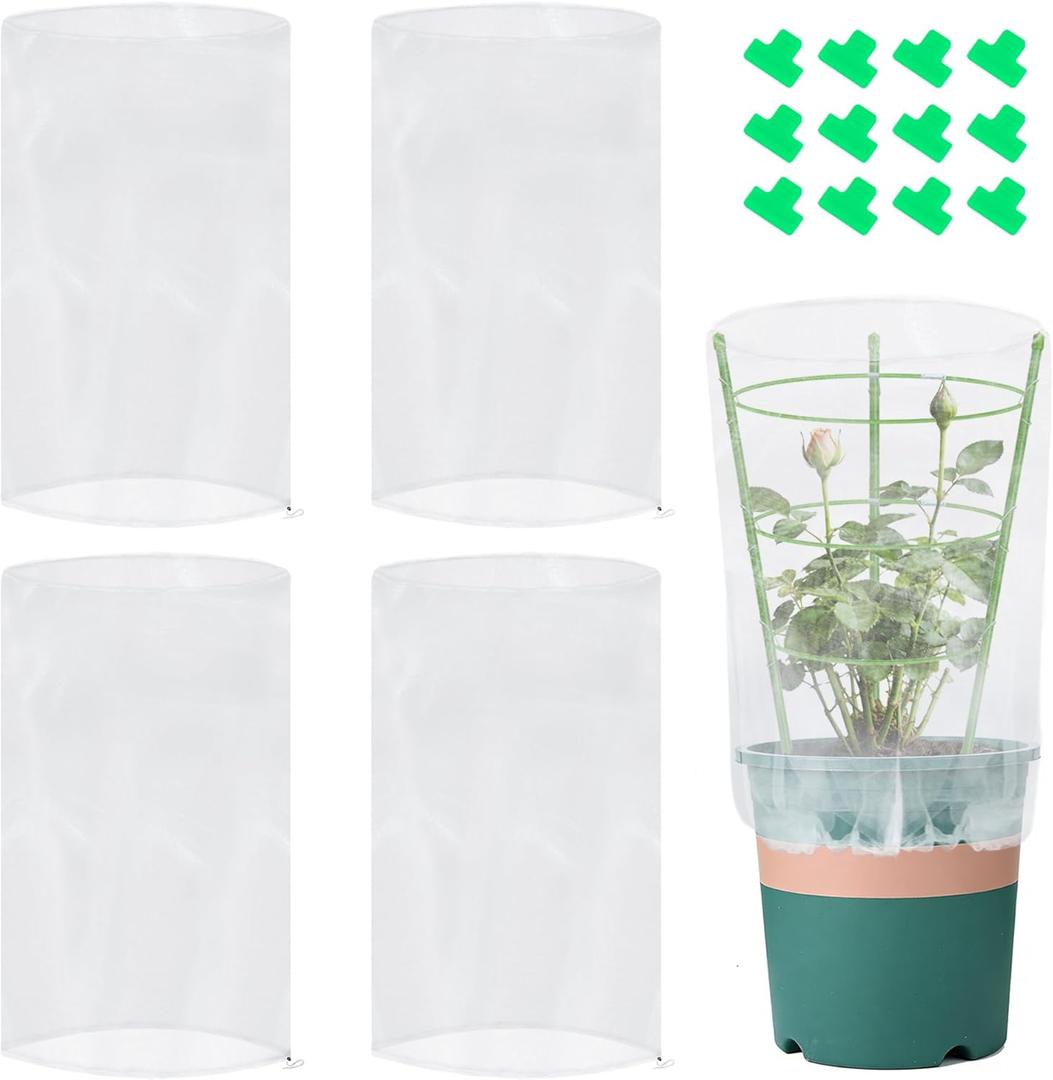 4 Pcs Garden Bird Netting for Small Round Plant Cage, 23" H x 8" W Tomato Cage Mesh Plant Cover with Drawstring, Small Plants Trelli Pest Barrier Garden Protection Net for Pots Plants Vegetables