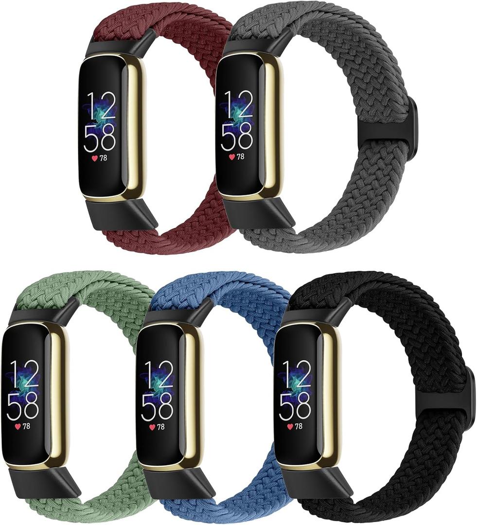 Braided Stretchy Solo Loop Compatible for Fitbit Luxe Bands for Women Men, Nylon Elastic Straps Wristbands for Fitbit Luxe, 5 Packs