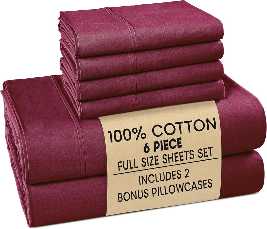 Casa Platino Full Size Sheet Set  6 Piece Cooling Sheets Full Size 100% Cotton Crisp Percale Sheets with Breathable & Cozy Feel, 15" Deep Pocket Fitted Sheet for Secure Fit  Windsor Wine