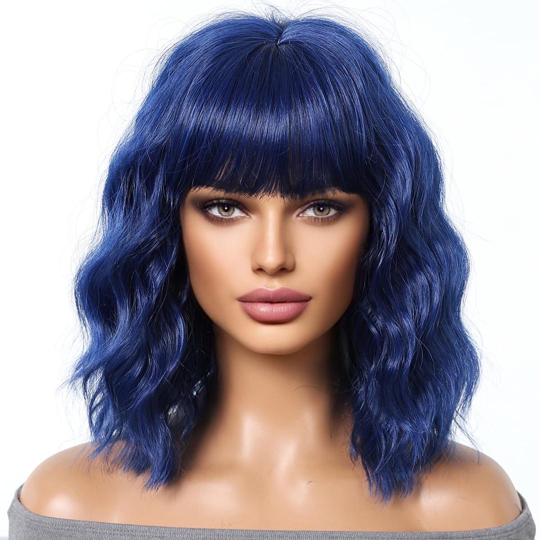MAGQOO Blue Wigs for Women Navy Blue Bob Wigs with Bangs Shoulder Length Curly Wavy Dark Blue Wigs for Girls Costume Cosplay Halloween Wigs with Wig Cap MAGQOO Blue Wigs for Women Navy Blue Bob Wigs with Bangs Shoulder Length Curly Wavy Dark Blue Wigs for Girls Costume Cosplay Halloween Wigs with Wig Cap
