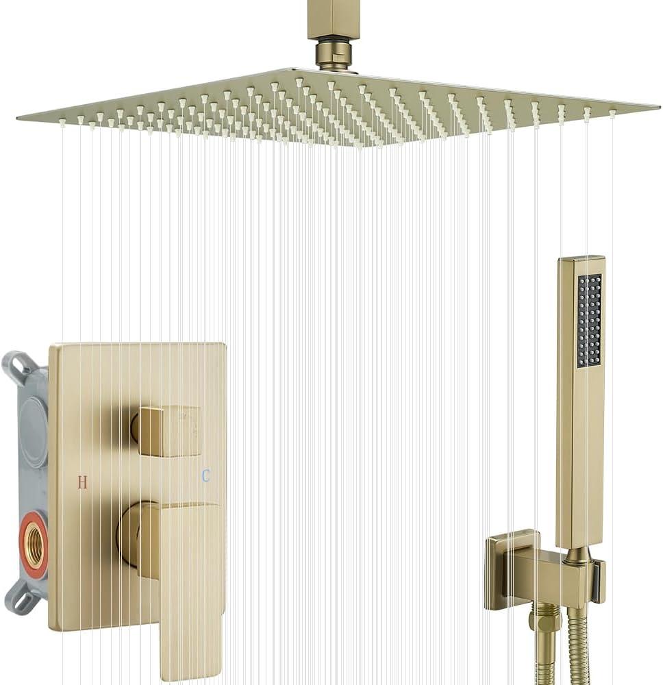 Ceiling Mounted Rain Shower Faucet Set, 16-Inch Ceiling Rainfall Shower Head with Handheld Spray Contain Rough-in Valve and Trim Included, Brushed Gold